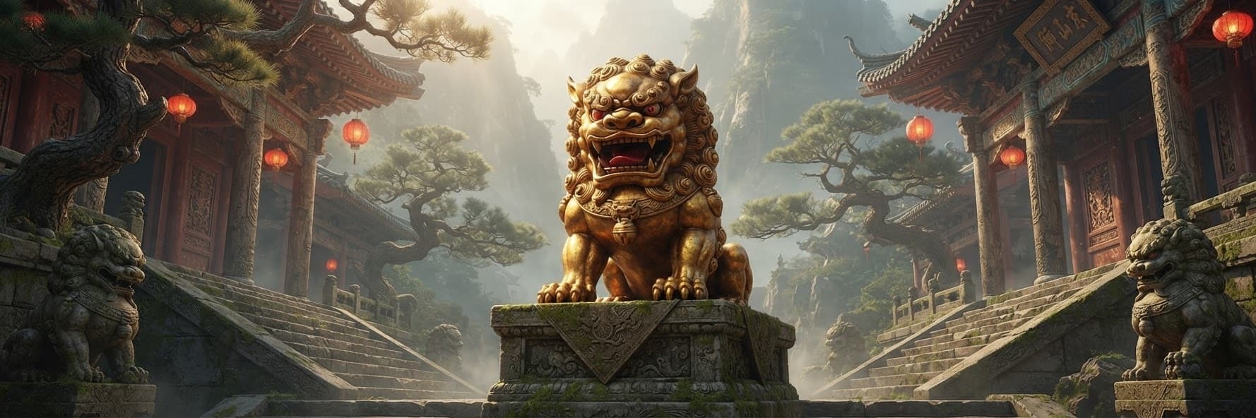 山间寺庙石阶上的中国金色镇门石狮